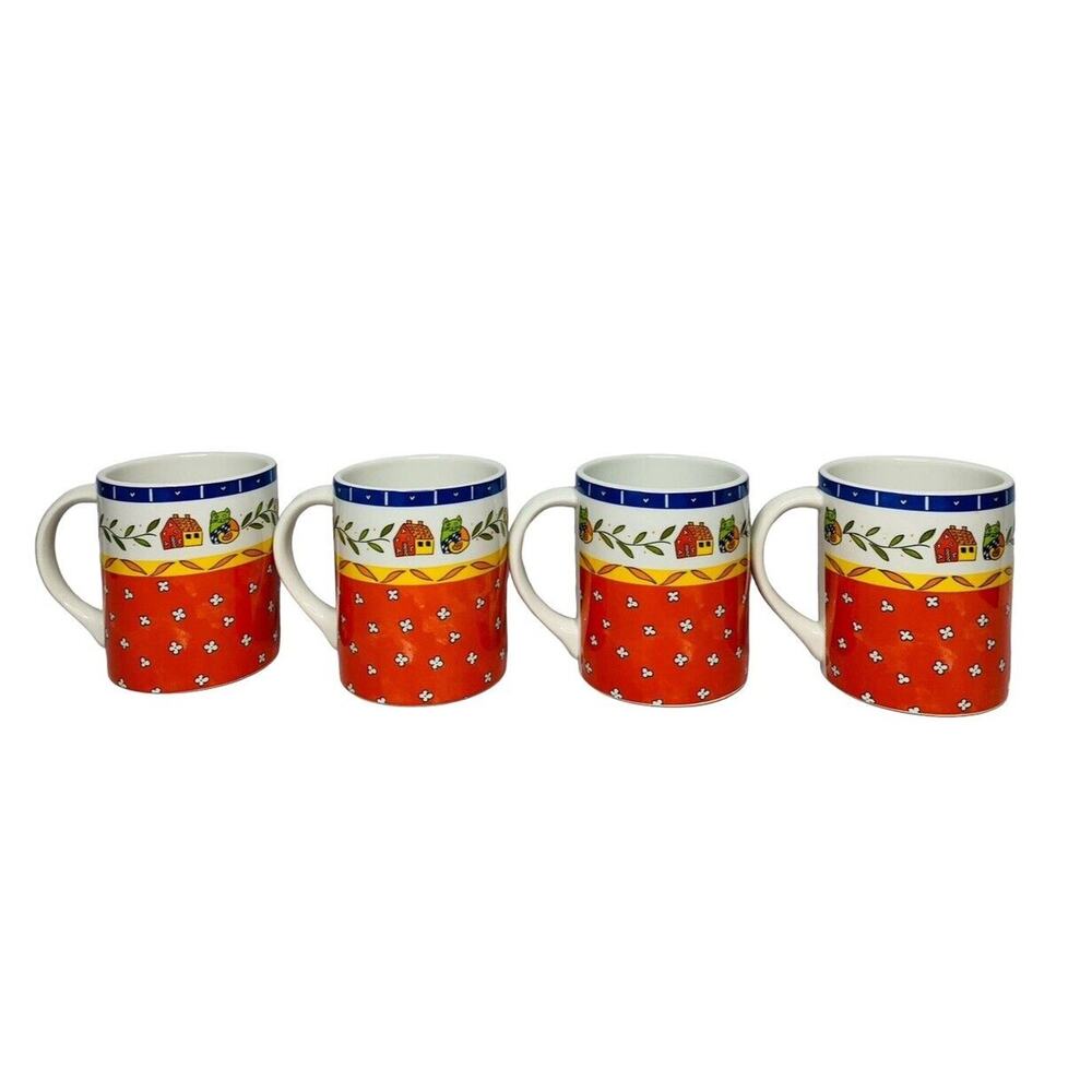 Mikasa‎ Country Grove Mugs Orange Blue White Cat House Set of 4 Handcrafted 4"